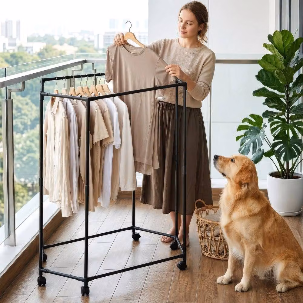 VOGREX Double Layer Hexagonal Rotating Clothes Rack with Wheels in Matt Black – 5