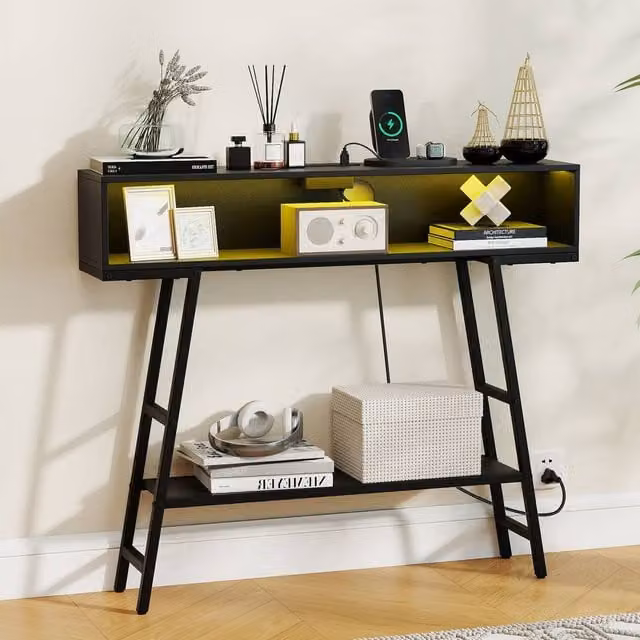 Costway 3-Tier Industrial Console Table with LED Light in Black – 1