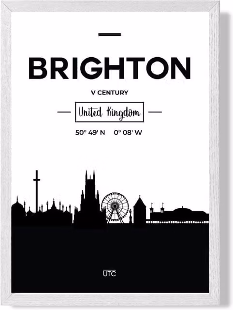 ARTZE Brighton Black and White City Skyline Framed Print with White Frame, A3 – 1