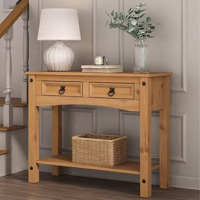 Mews Corona Console Table with 2 Drawers in Brown Waxed Rustic Pine