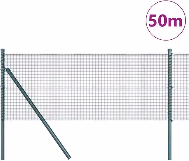 Berkfield Home Modern Welded Wire Fence with 13 Posts, Green Powder-Coated Steel, W: 50 m, H: 0.8 m