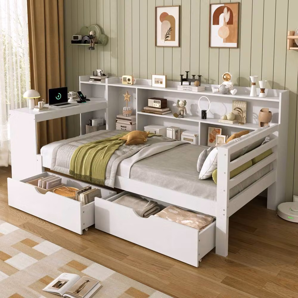 Merax White Wooden Single Cabin Daybed with Desk, Storage Drawers, Bedside Shelf and USB Charging Port, 90 x 190 cm – 2