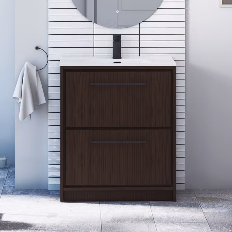 Livora 700mm Walnut Woodgrain Floor Standing Bathroom Vanity Unit with 2 Drawers, Ceramic Basin and Matt Black Handles