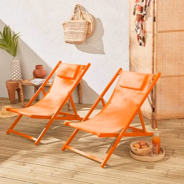 Sweek Set of 2 Orange Powder Coated Aluminium Multi-Position Sun Loungers with Adjustable Headrests and Textilene Fabric – 1