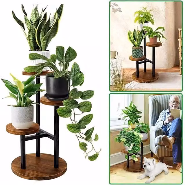 Nordara 3 Tier Metal and Wood Plant Display Stand in Brown and Black, W/D/H: 32.0 x 32.0 x 53.49 cm – 1