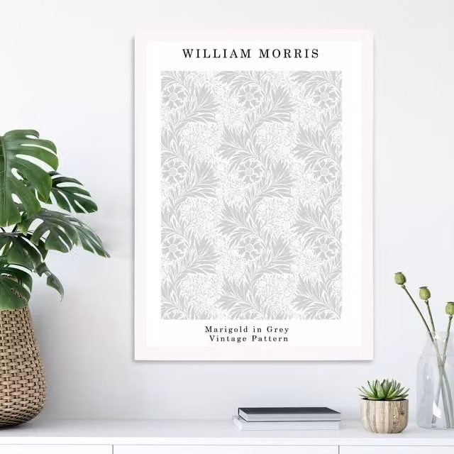 ARTZE William Morris Marigold Floral Art Print in Grey with White Frame, A3 – 1