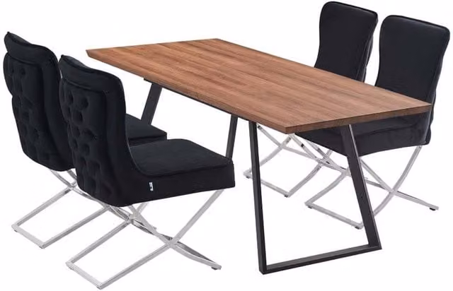 Trafalgar Toga LUX Extendable Rectangular Dining Set with Wood Table and 4 Black Velvet Upholstered Chairs