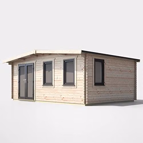 Powersheds Premium Apex Chalet Log Cabin in Natural Brown with Double Doors, Toughened Glass Windows and EPDM Rubber Roofing (Left Orientation Door) – 1