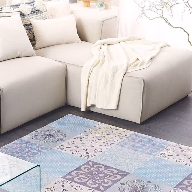 Wyld and Coco Coastal Mosaic Area Rug, Multicolour Patchwork in Grey, Blue and Sand, W: 140 cm, D: 200 cm