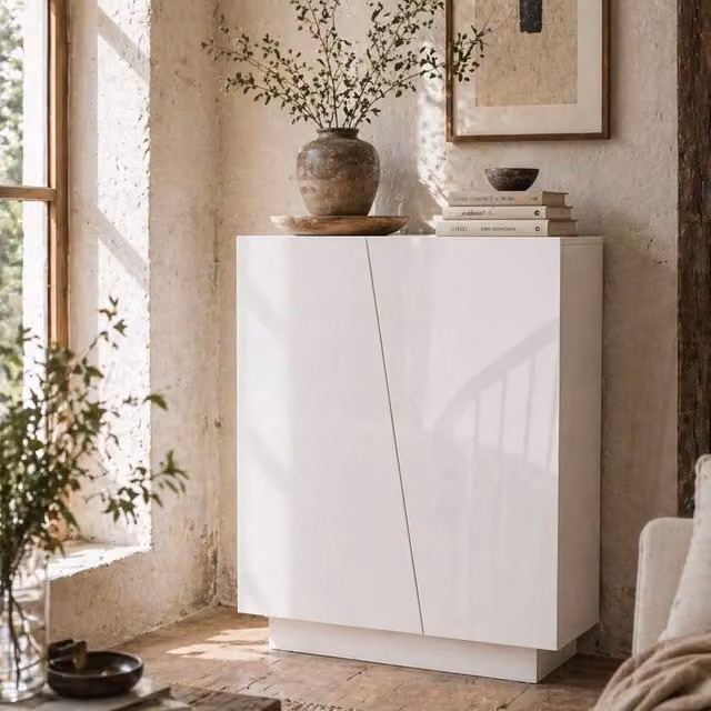 Wyld Haus Ranifa Modern High Gloss White Freestanding Storage Cabinet with 2 Hinged Doors and Internal Shelves – 1
