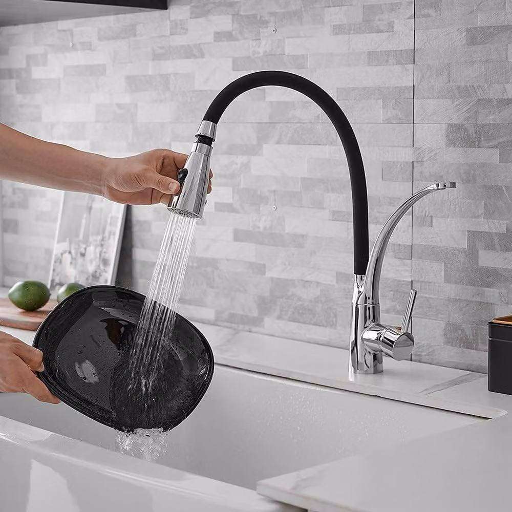 Heable Chrome Single-Lever Pull-Down Dual-Spray Kitchen Mixer Tap in Silver – 3