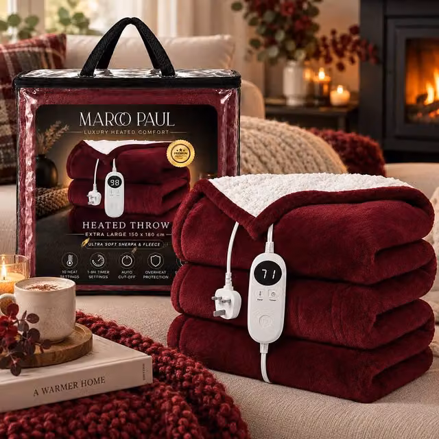 Marco Paul Luxury Sherpa Fleece Electric Heated Throw in Burgundy, W 150 cm x D 180 cm – 1