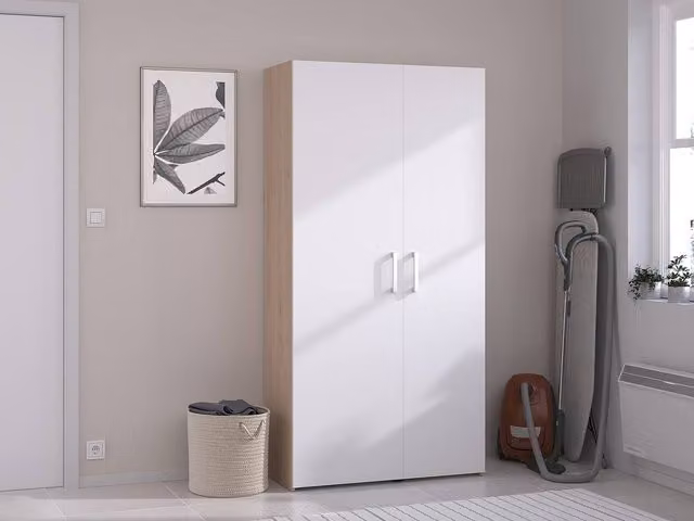 Vente-unique Freestanding Laundry Room Storage Unit in White and Light Oak, W: 92 cm, D: 41.3 cm, H: 184.4 cm – 1