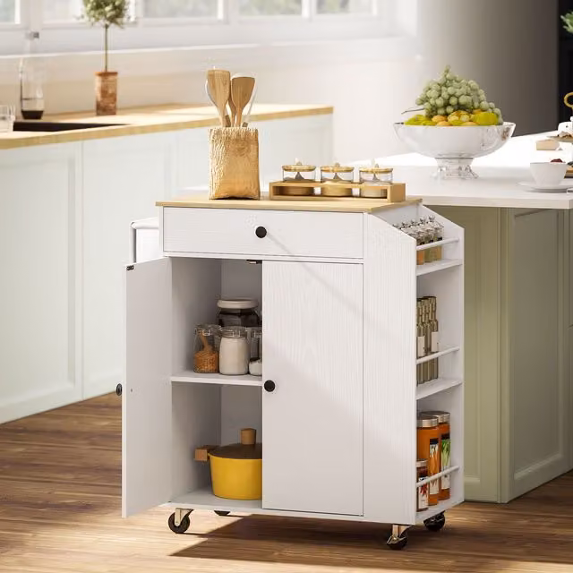 HOMCOM Kitchen Island with 3-Tier Spice Rack and Towel Rack, White – 1