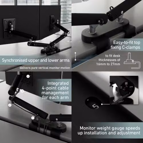 Miro Dual Monitor Arm Desk Mount in Black, VESA Compatible Double Monitor Stand with C-Clamp and Adjustable Gas Spring Arms for 17–32 inch Screens – 2