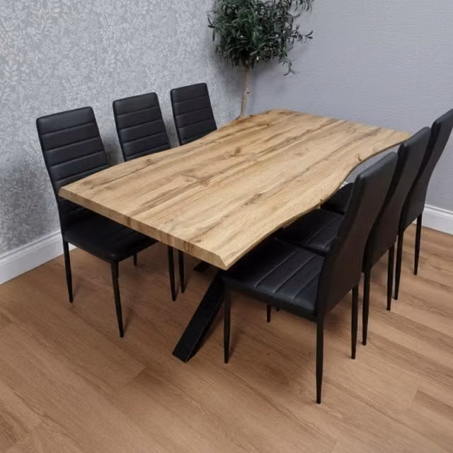 Kosy Koala Industrial Dining Set with Rectangular Wood Table and 4 Black Gem Pattern Faux Leather Chairs in Brown