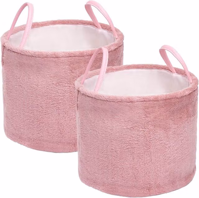 OHS Teddy Fleece Decorative Storage Basket with Handles, Pink, Pack of 2