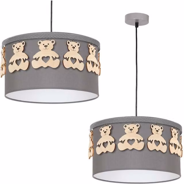 Milagro Grey Fabric and Wood Cylinder Pendant Lamp with E27 Socket and Adjustable Height