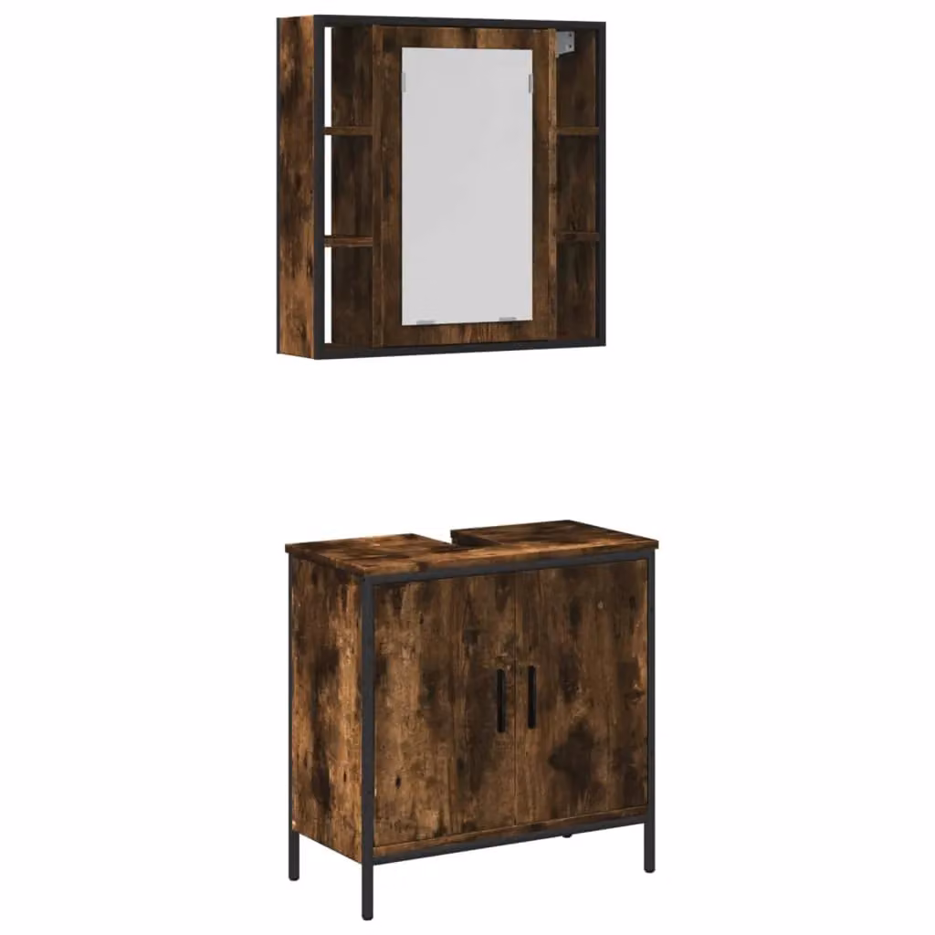 Berkfield Home 2 Piece Brown Smoked Oak Bathroom Furniture Set with Mirror Cabinet and Vanity Unit – 2
