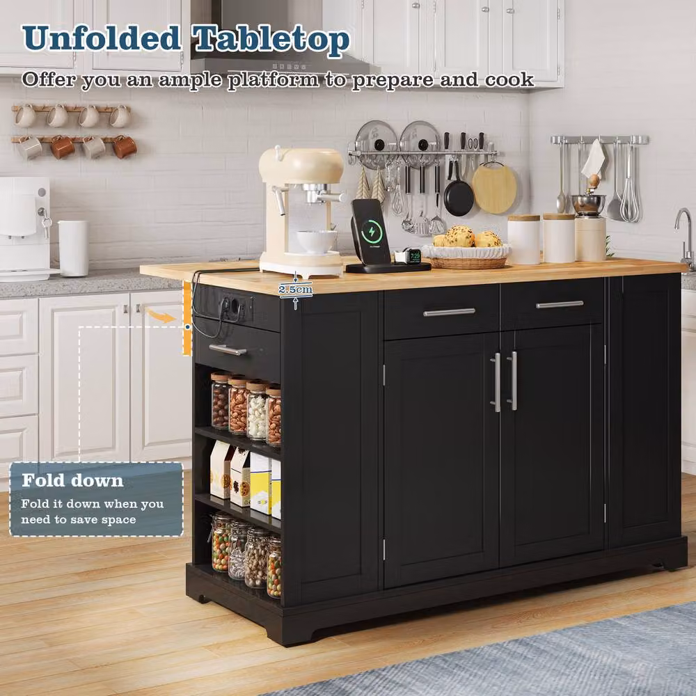 Merax Mobile Kitchen Island Trolley with Pull-Out Bin Cabinet and Drop-Leaf Top in Black – 4