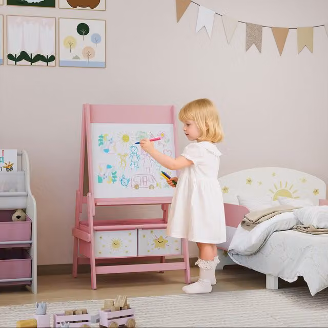 AIYAPLAY 3-in-1 Double Sided Kids Art Easel with Whiteboard and Blackboard in Pink