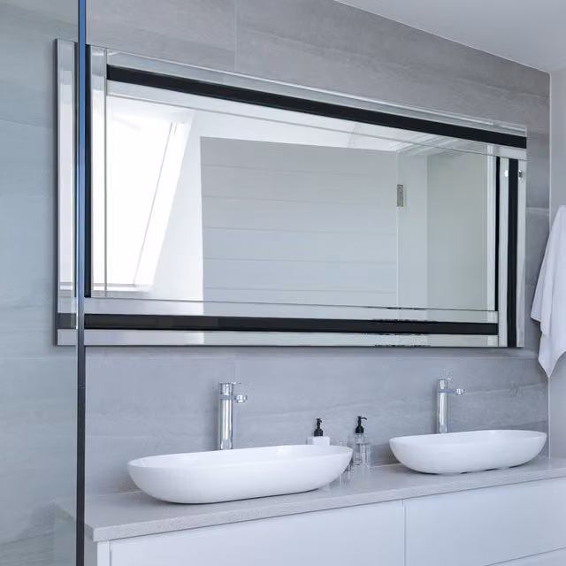 MirrorOutlet Dalton Black All Glass Full Length Rectangular Hanging Mirror, H 174 cm x W 85 cm x D 1 cm