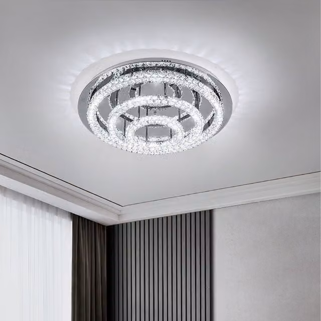 Komore Silver and Transparent Crystal LED Ceiling Light with Stainless Steel Ring, Diameter: 19 cm