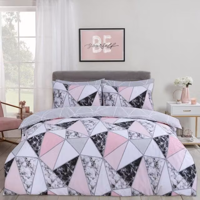 Dreamscene Marble Geo Reversible Duvet Cover and Pillowcase Bedding Set, Pink, Grey and White, W: 140 cm, L: 200 cm