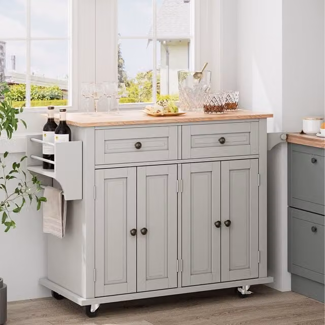 Komore Classic Wooden Kitchen Cart with Storage Cabinet in Grey Matt Finish