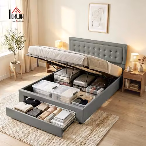 HOMCOM Upholstered Velvet Ottoman Bed with Lift Up Storage Base, Grey, W/D/H: 150 x 200 x 104 cm – 2