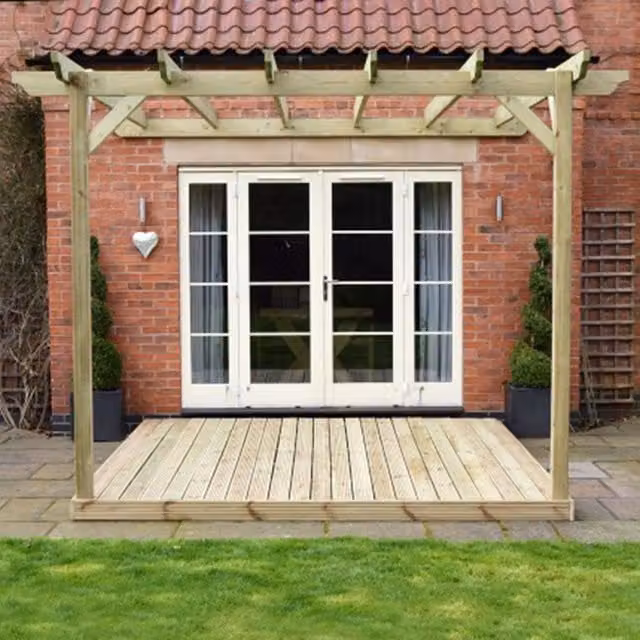 Rutland County Garden Furniture Ltd Wall Mounted Lean-to Pergola and Decking Kit, Green, W: 300 cm, D: 300 cm, H: 270 cm – 1