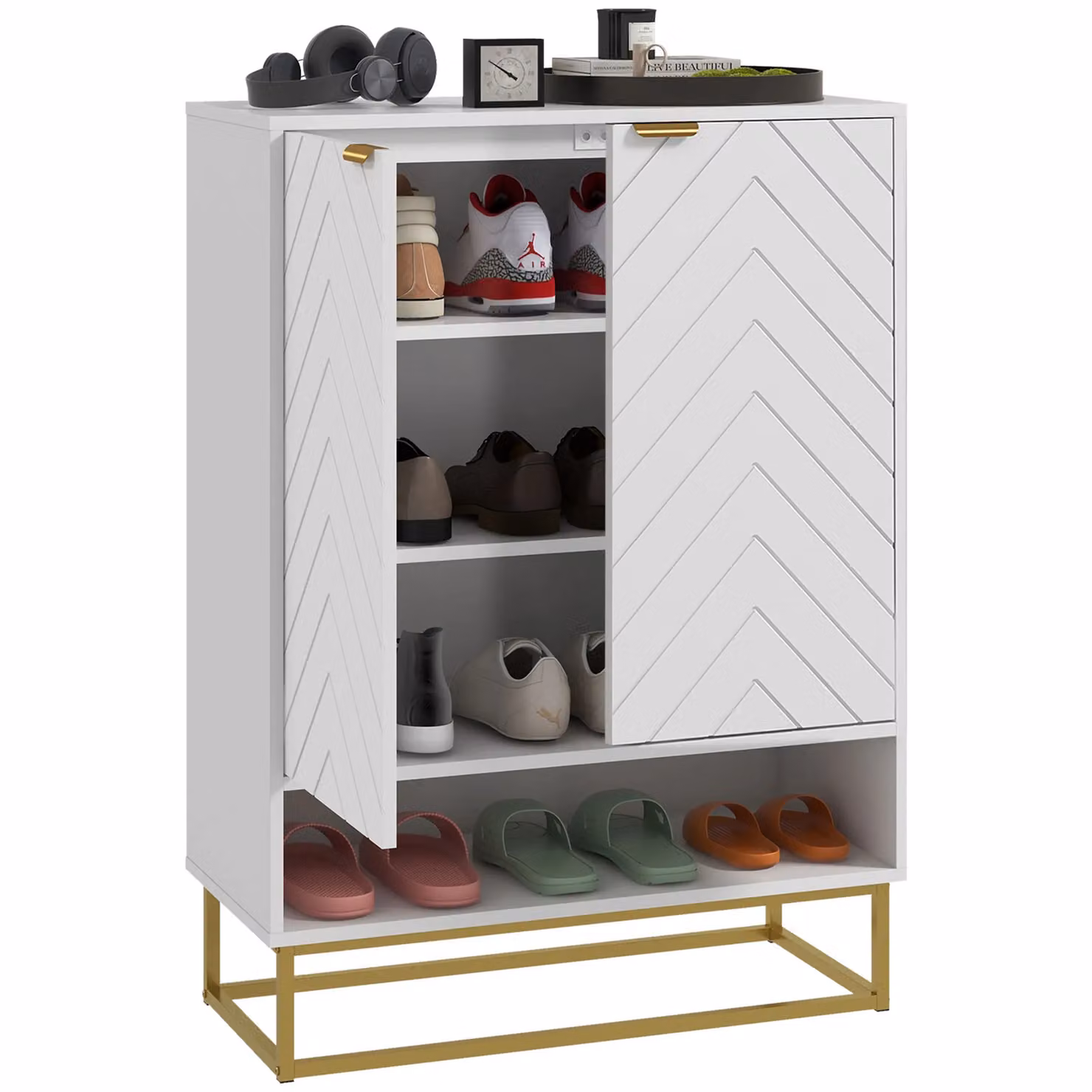 HOMCOM Modern White Shoe Storage Cabinet with Hinged Doors, Open Shelf and Ventilation – 2
