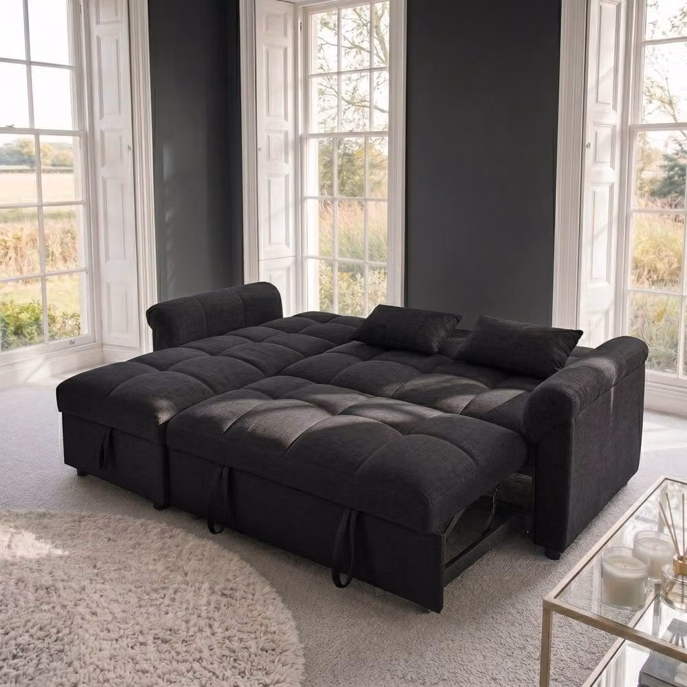 Sofaya Arlo 3 Seater L-Shape Corner Chaise Sofa Bed in Black Fabric with Reversible Sleeping Function – 4