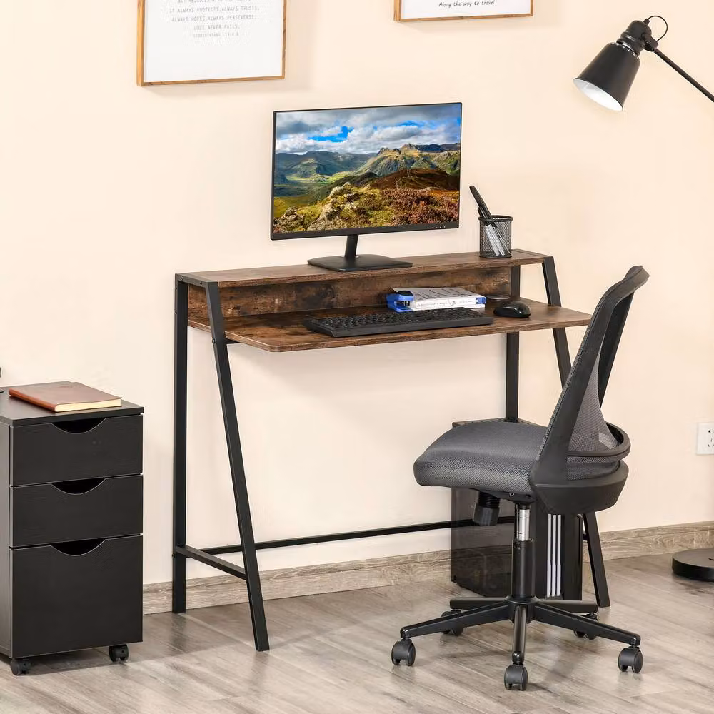 Rolipo Brown Minimalist Writing Desk with Storage Shelf W: 100 cm, D: 45 cm – 4