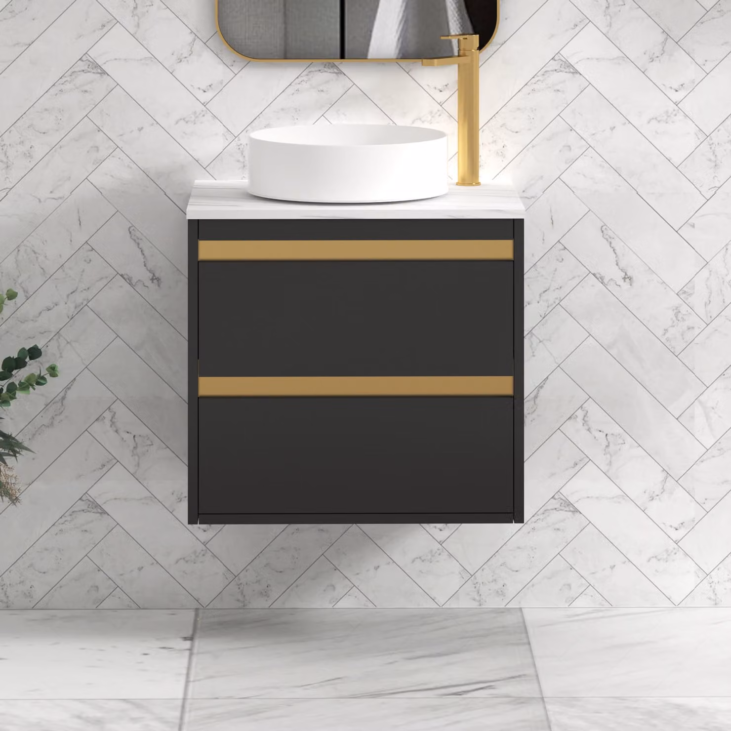 Royal Bathrooms Orion 600mm Matt Obsidian Black Wall Hung Countertop Vanity Unit with 2 Drawers, Art Basin and Brushed Brass Accent Trim