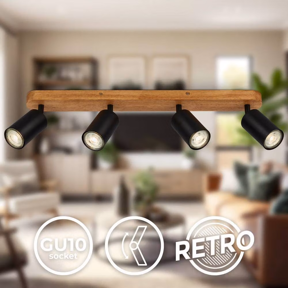 B.K.Licht Black and Wood Industrial Ceiling Spotlight with 3-Way Adjustable GU10 Design, W: 55 cm – 5