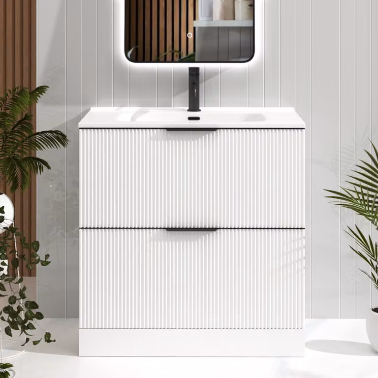 Royal Bathrooms Evora 800mm Matt White Fluted Floor Standing 2 Drawer Vanity Unit with Ceramic Basin and Matt Black Handles