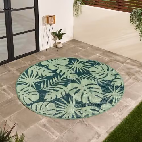 OHS Round Palm Print Outdoor Garden Rug, Green, Diameter: 170 cm – 1