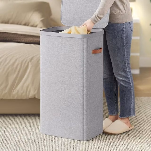 SONGMICS Laundry Basket with Lid, Handles and Removable Fabric Liner, Grey