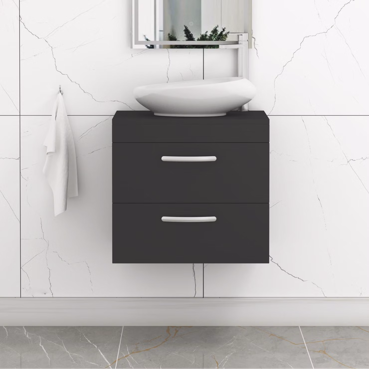 Royal Bathrooms Turin 600mm Wall Hung Vanity Unit with 2 Drawers and Nova Countertop Basin in Matt Black