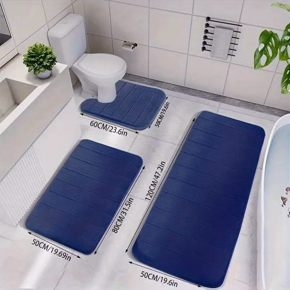 Kelvenix Set of 3 Navy Blue Memory Foam Non-Slip Bath Mats – 3