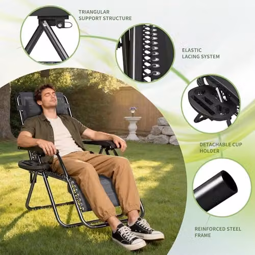 MCC Direct Set of 2 Zero Gravity Reclining Sun Loungers with Textilene Fabric, Cup Holders and Adjustable Headrests in Black and Grey – 4