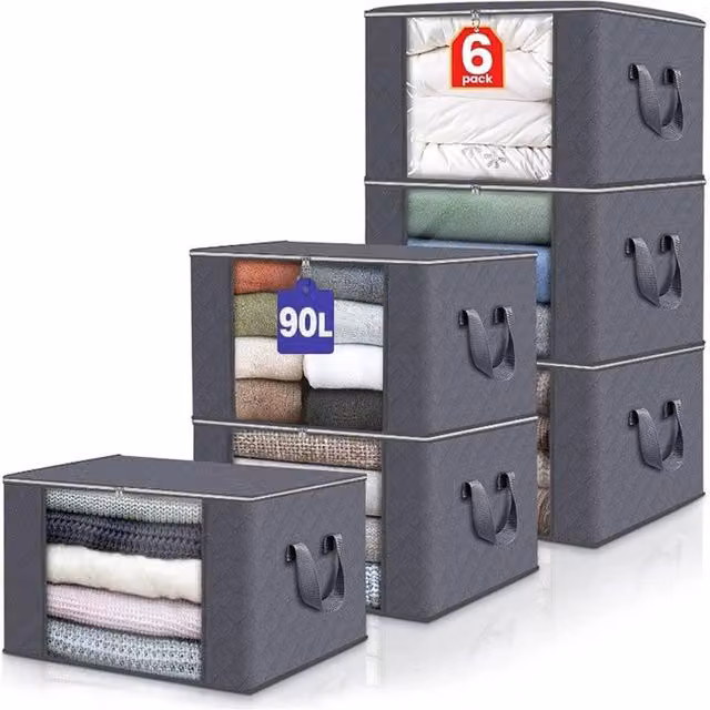 Kelvenix 6 Pack Foldable 90L Storage Bags for Clothes in Grey