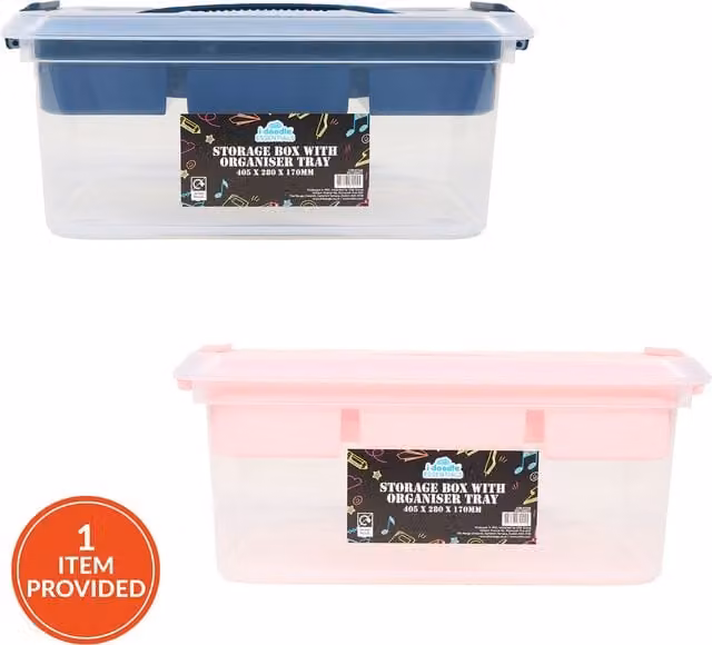 i-doodle Essentials Multi-Compartment Plastic Storage Box with Organiser Tray in Pink, Blue and Transparent
