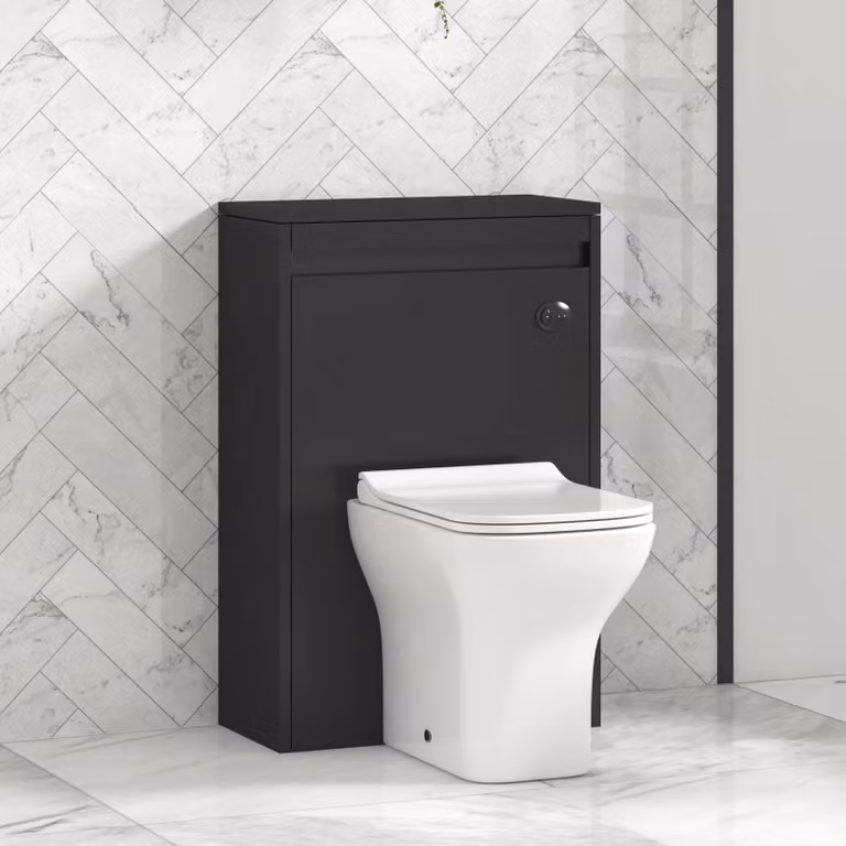 Royal Bathrooms Orion 540mm Matt Obsidian Black BTW WC Unit with Qubix Rimless Toilet Pan, Slim Soft Close Seat and Cistern with Black Accent Trim