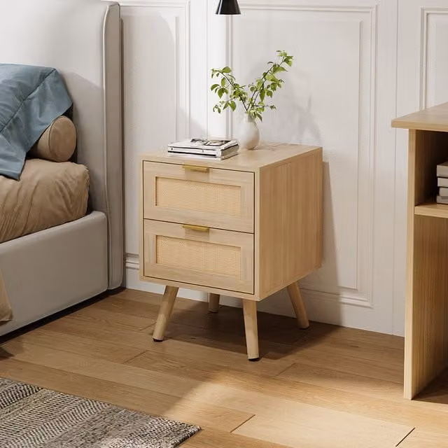 Livingandhome Set of 2 Natural Wood and Rattan Side Cabinets in Beige