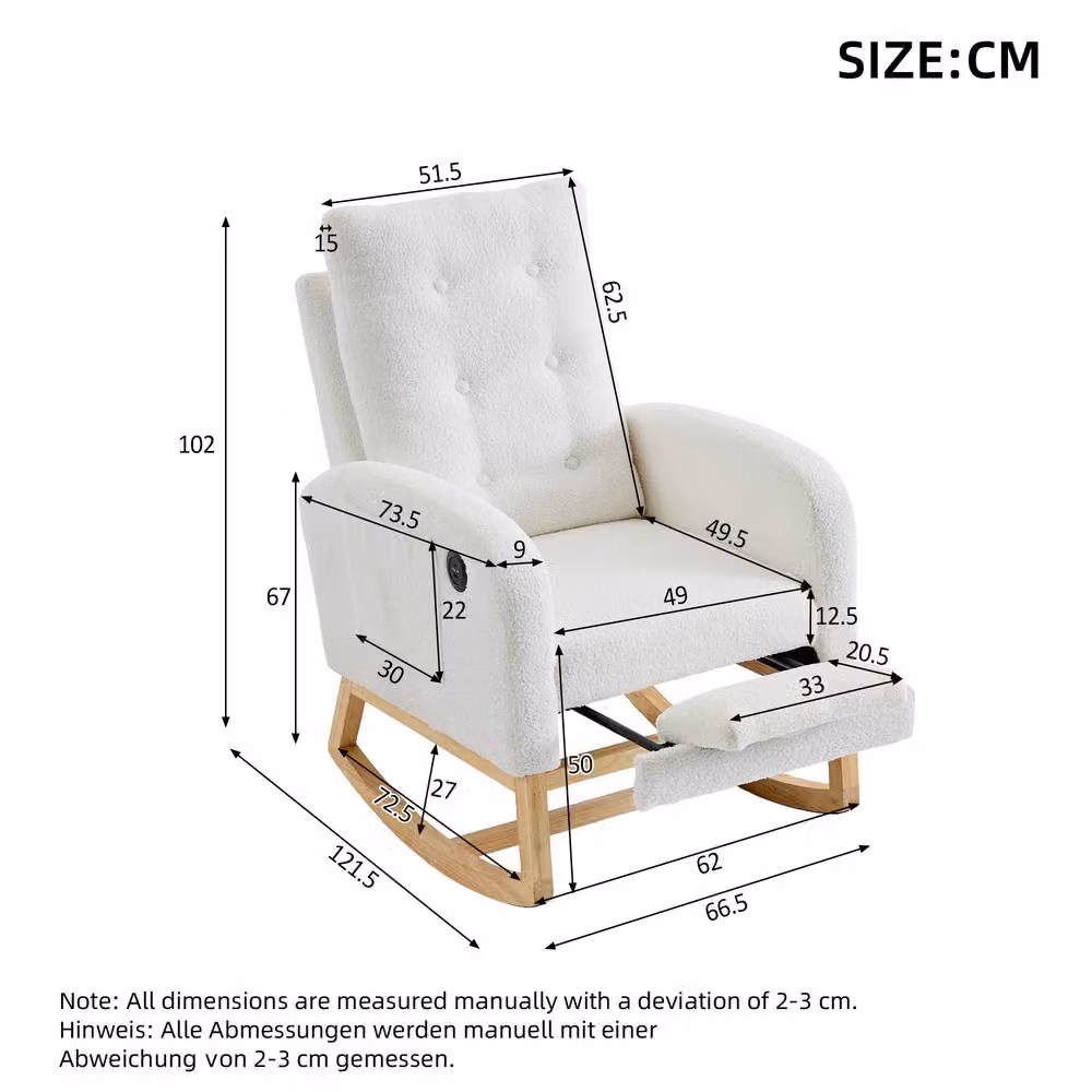 Matteo White Bouclé Rocking Chair with USB Charging and Adjustable Footrest – 2