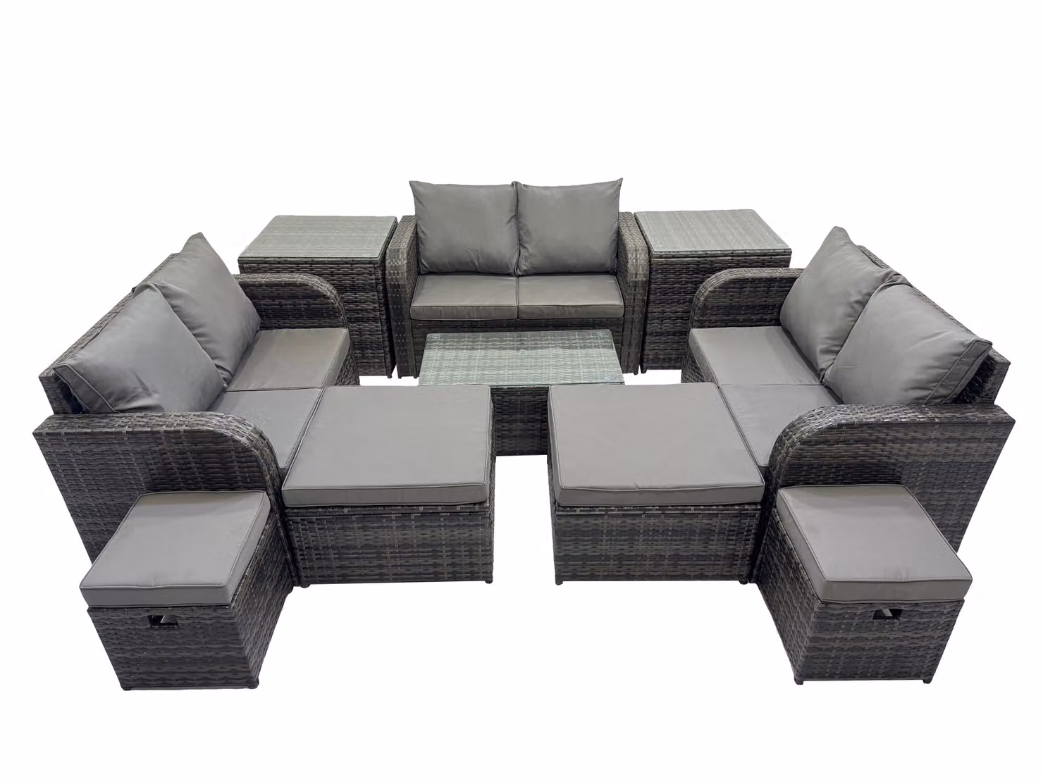 Fimous Garden Rattan Furniture Set in Dark Grey with 10 Seats, 4 Stools, 2 Side Tables, Coffee Table and Ottoman – 2