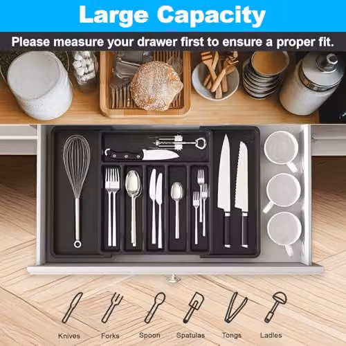 MantraRaj Expandable Plastic Cutlery Drawer Organiser and Kitchen Utensil Tray in Black – 3