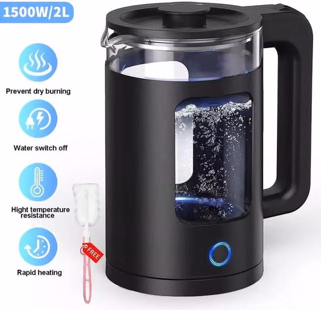 PAWNORA Quiet Electric Glass Kettle, Black, 2 l – 1